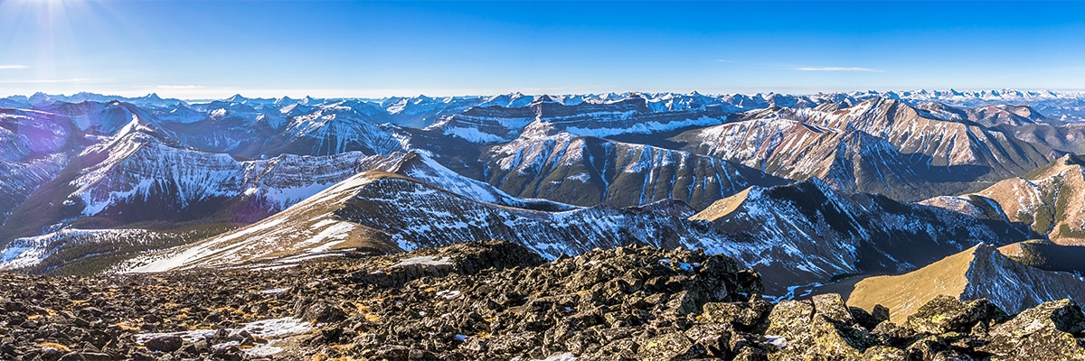 View west from the summit of Victoria Peak scramble in Castle Provincial Park, Alberta