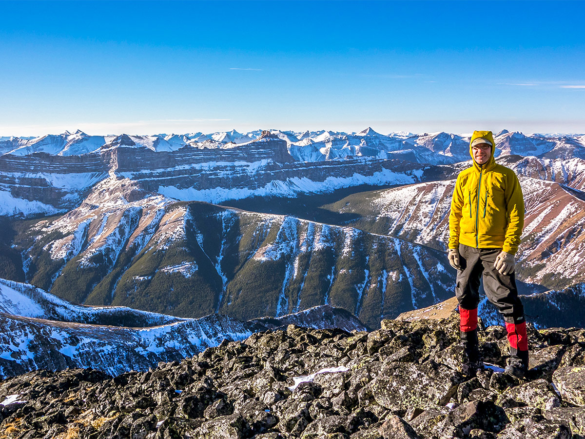 10 Adventures contributor Matt on the summit of Victoria Peak scramble in Castle Provincial Park, Alberta