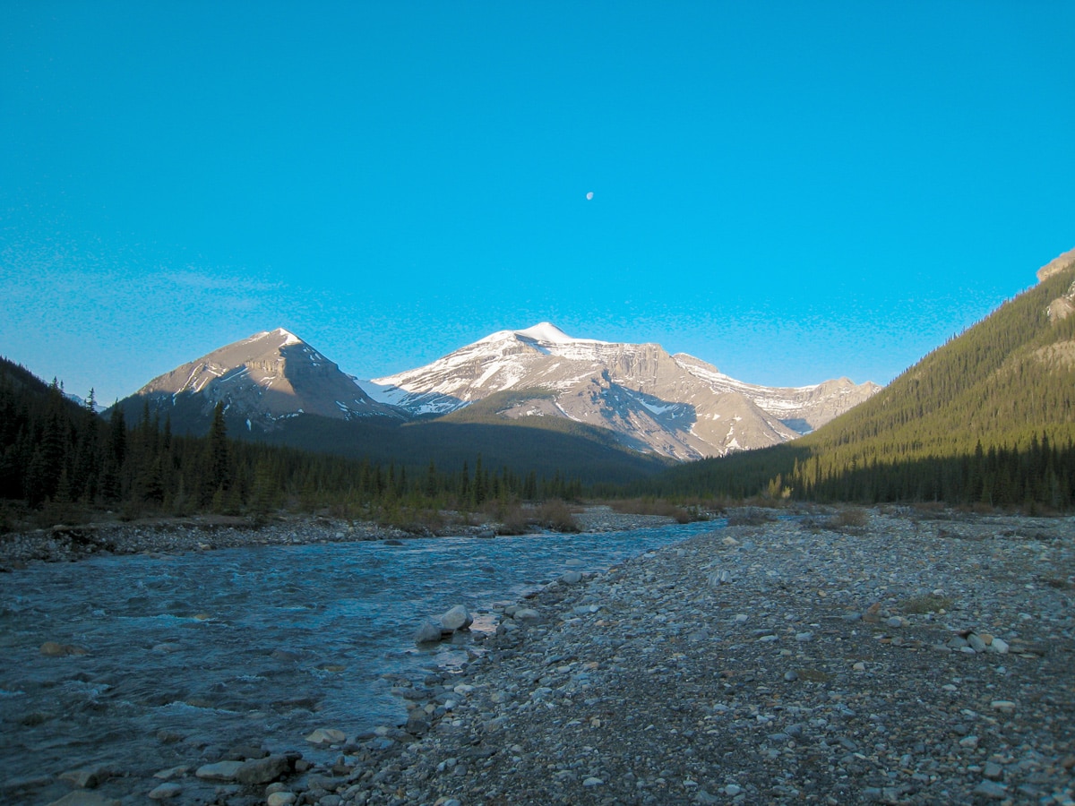 Getting dark on Big Elbow Loop backpacking trail near Kananaskis, the Canadian Rockies