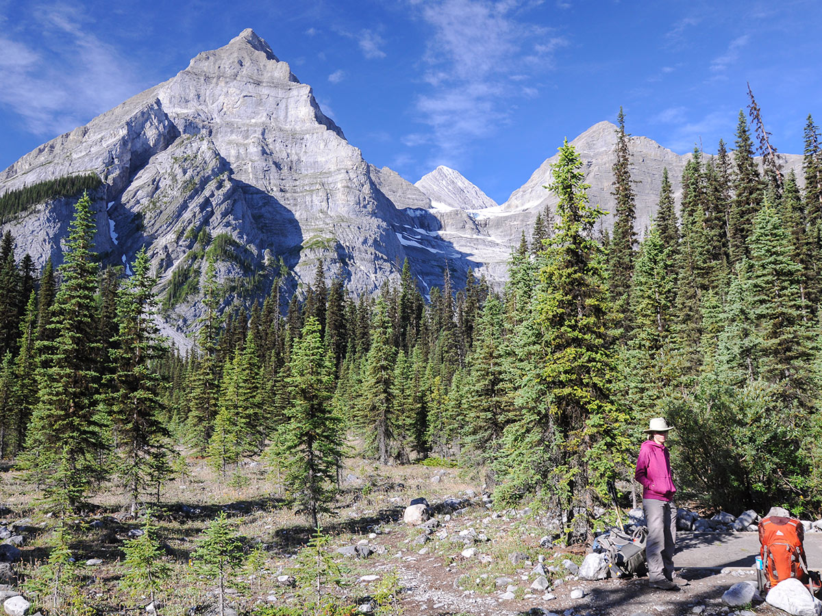 Setting up camp on Elk Lakes and Petain Basin backpacking trail near Kananaskis, the Canadian Rockies