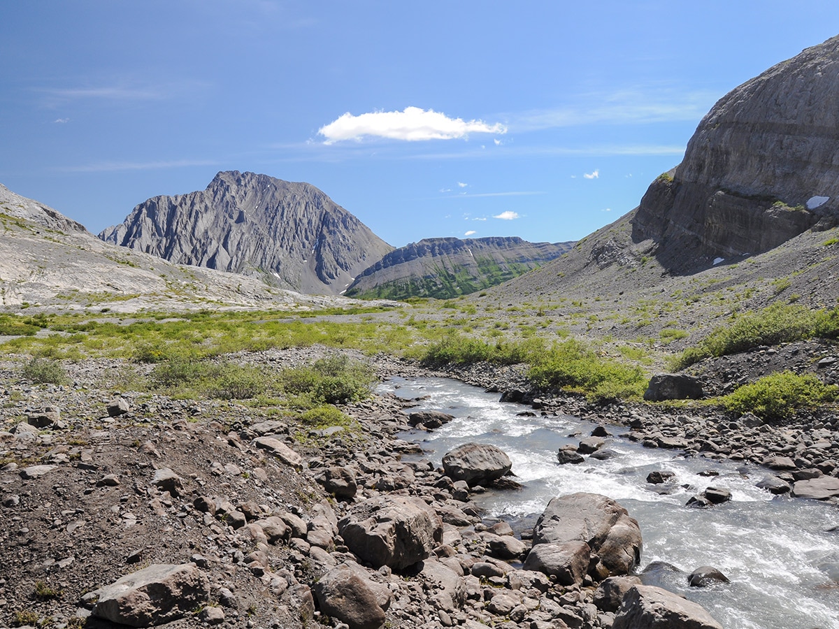 Petain Creek above the Headwall on Elk Lakes and Petain Basin backpacking trail near Kananaskis, the Canadian Rockies