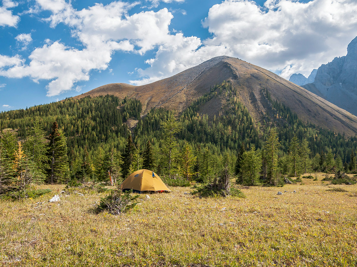 Tent set up near Rae Lake on Rae Lake backpacking trail near Kananaskis, the Canadian Rockies