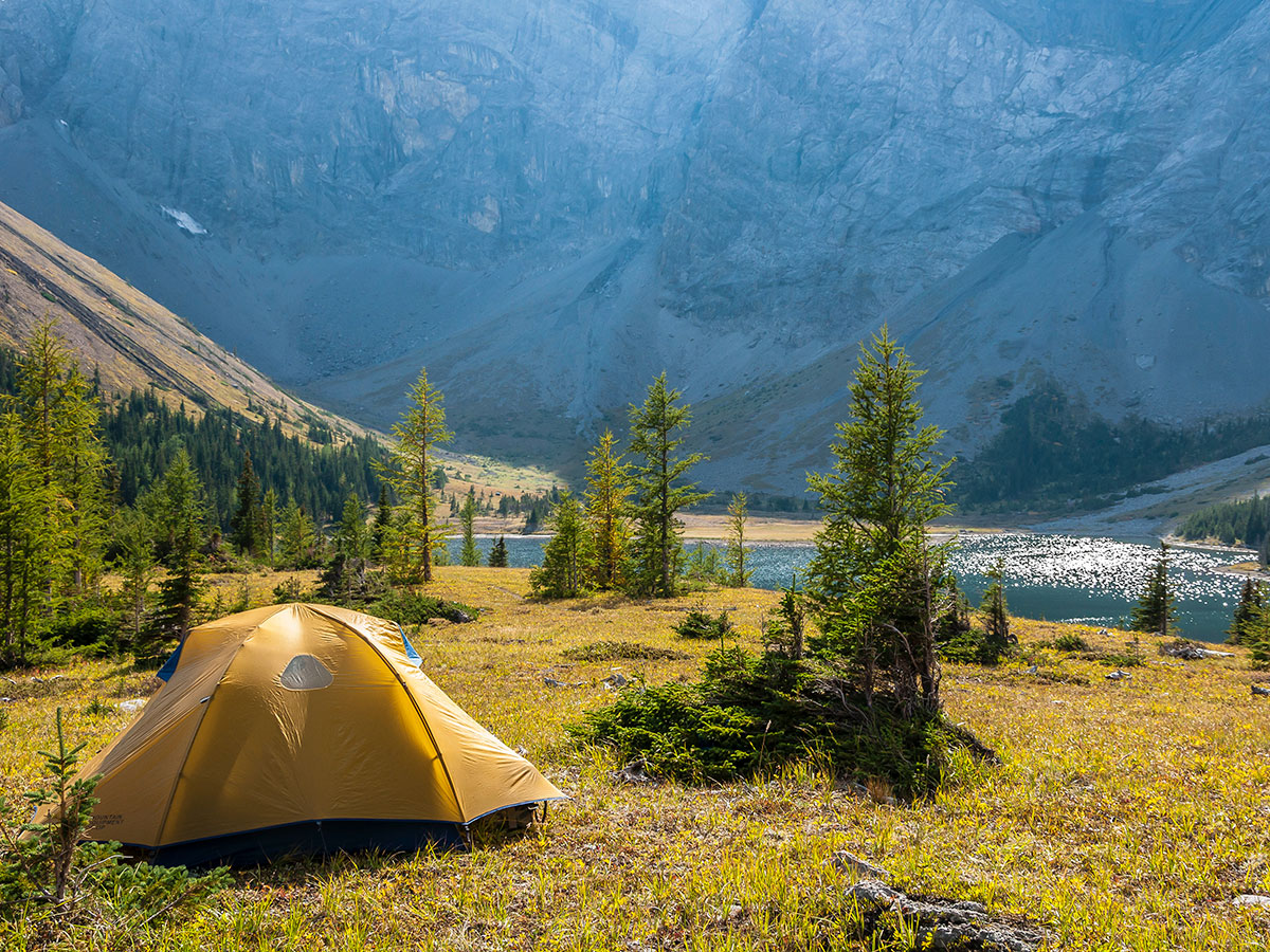 View from tent on Rae Lake backpacking trail near Kananaskis, the Canadian Rockies