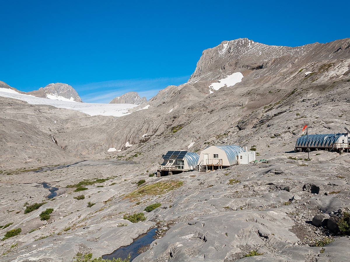 Ski camp buildings below Haig Glacier on Turbine Canyon backpacking trail near Kananaskis, the Canadian Rockies