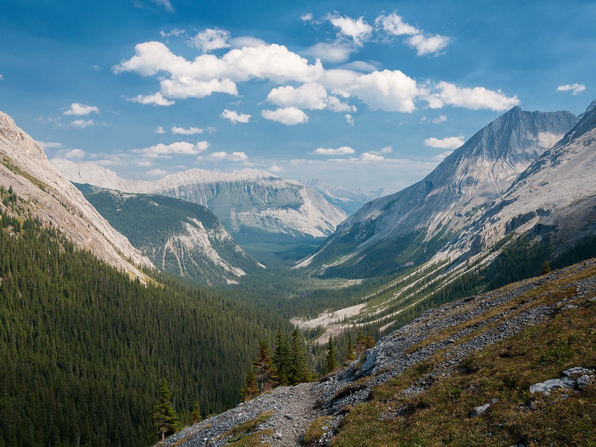 View east from Three Isle Lake Campground on Turbine Canyon backpacking trail near Kananaskis, the Canadian Rockies