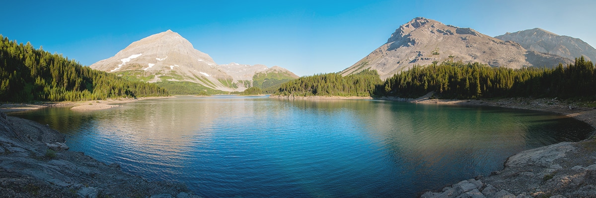 Three Isle Lake in the morning on Turbine Canyon backpacking trail near Kananaskis, the Canadian Rockies