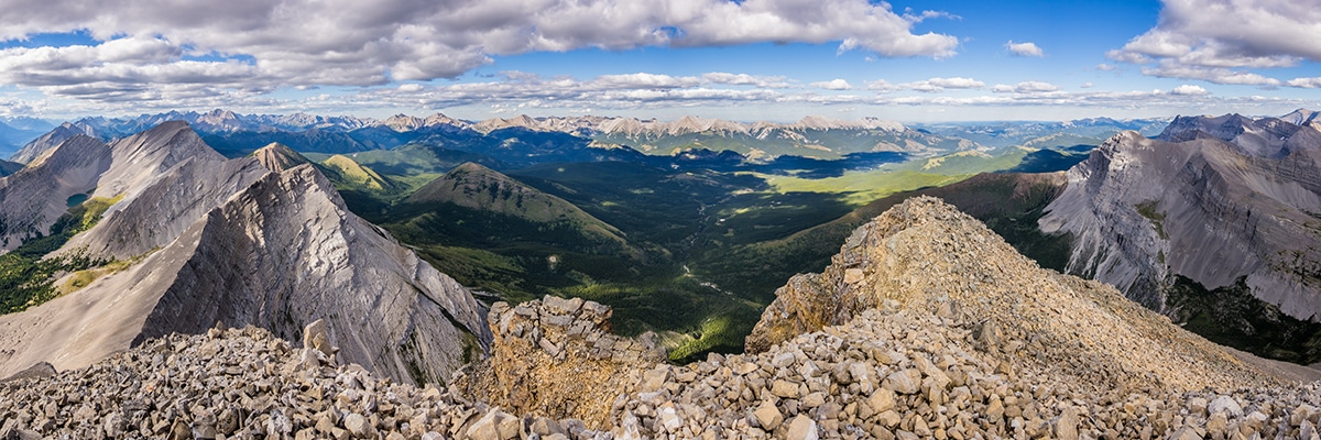 View northeast from the summit of Mount McPhail on Weary Creek backpacking trail near Kananaskis, the Canadian Rockies