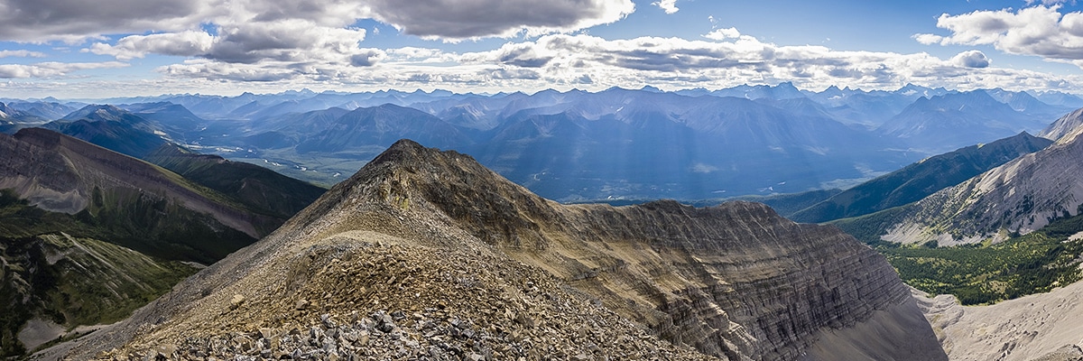 View west from the summit of Mount McPhail on Weary Creek backpacking trail near Kananaskis, the Canadian Rockies