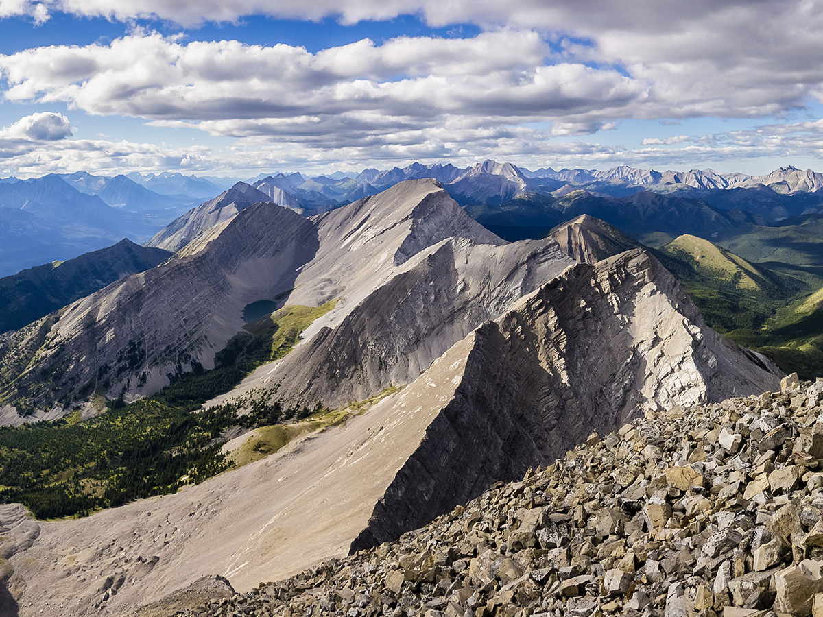 View northwest from the summit of Mount McPhail on Weary Creek backpacking trail near Kananaskis, the Canadian Rockies