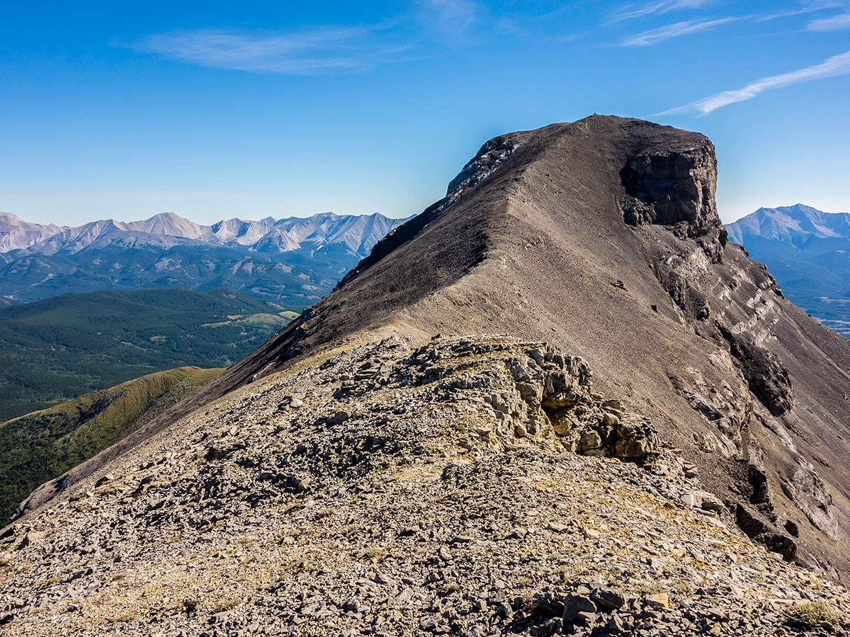 Approaching the summit of Mount Muir on Weary Creek backpacking trail near Kananaskis, the Canadian Rockies