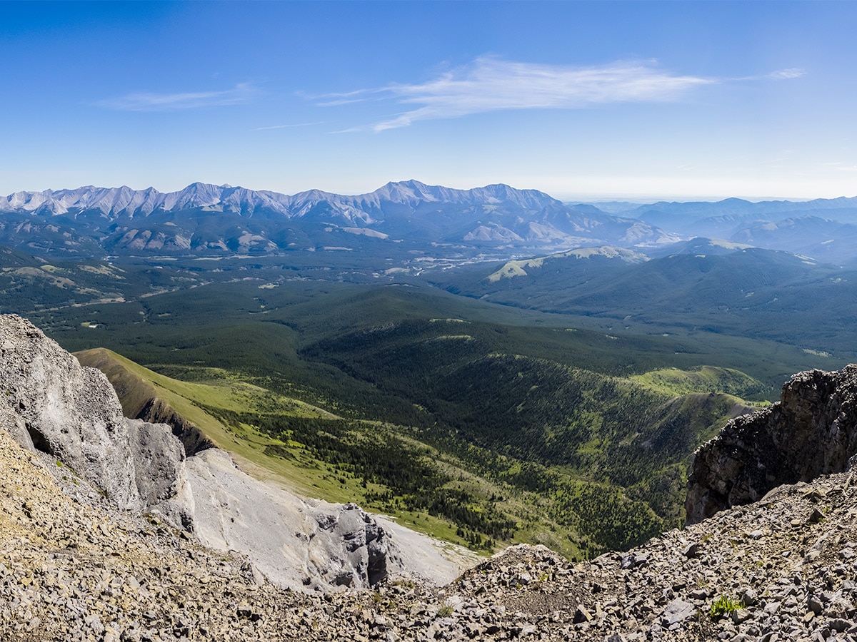 View east from the summit of Mount Muir on Weary Creek backpacking trail near Kananaskis, the Canadian Rockies