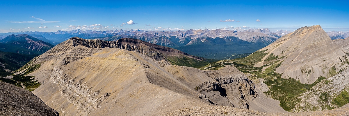 View northwest from the summit of Mount Muir on Weary Creek backpacking trail near Kananaskis, the Canadian Rockies