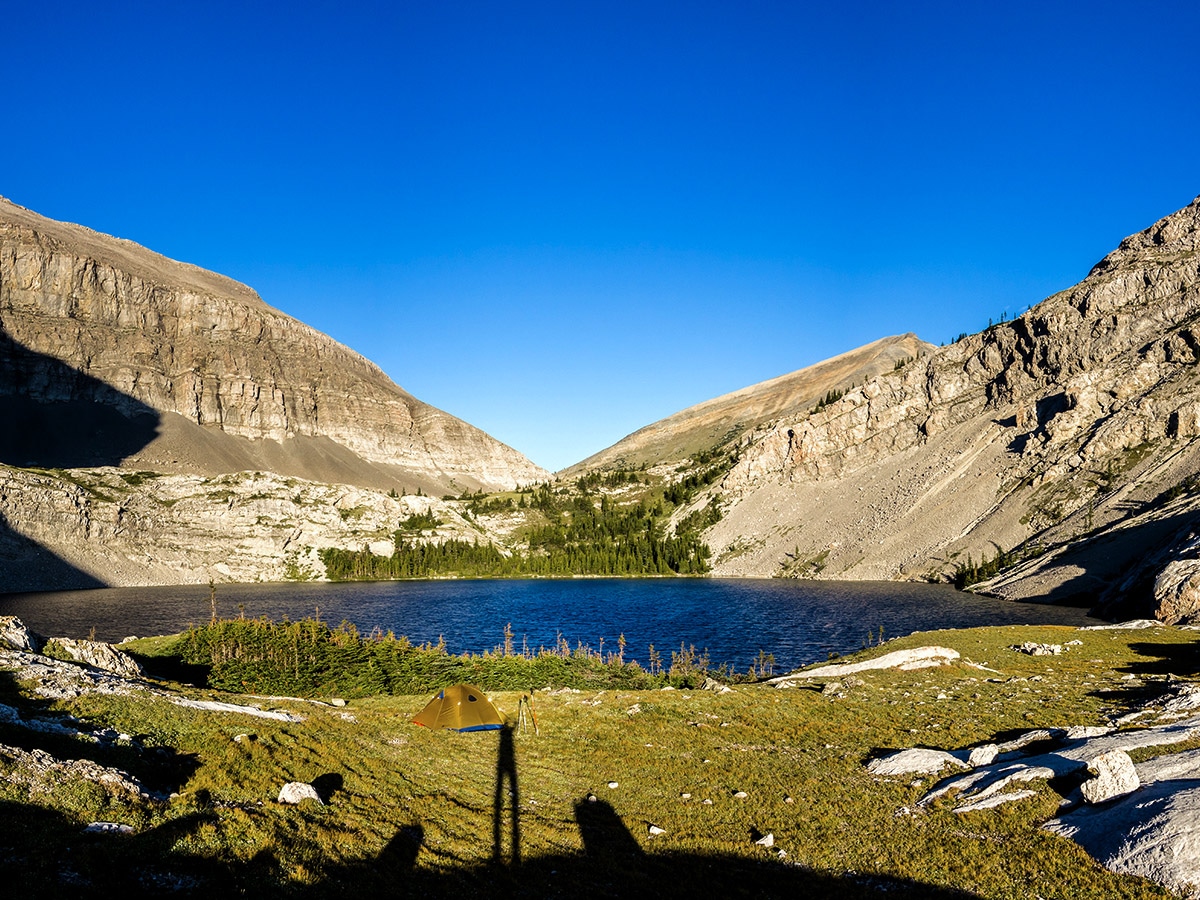 Camping on Carnarvon Lake on Weary Creek backpacking trail near Kananaskis, the Canadian Rockies