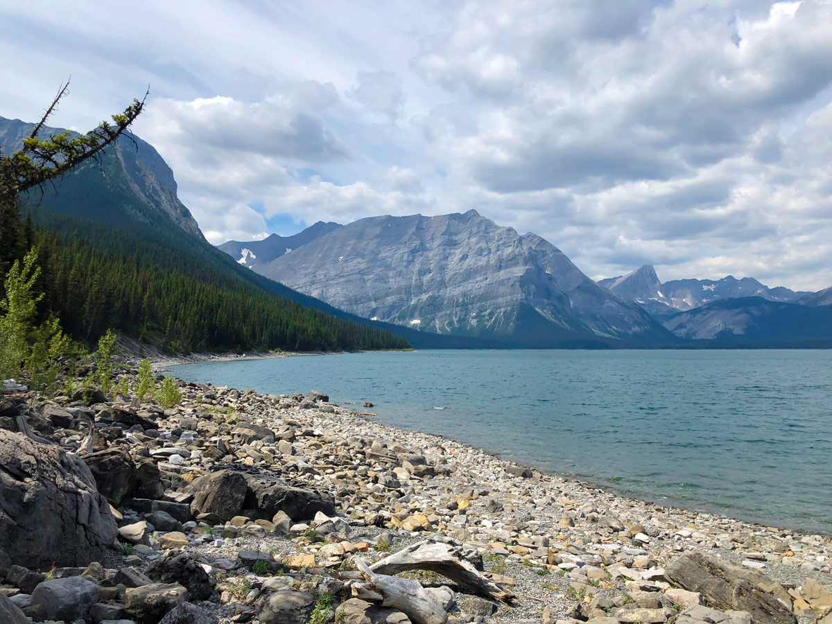Shore views along Point Campground and Upper Kananaskis Lake backpacking trail in Kananaskis near Canmore