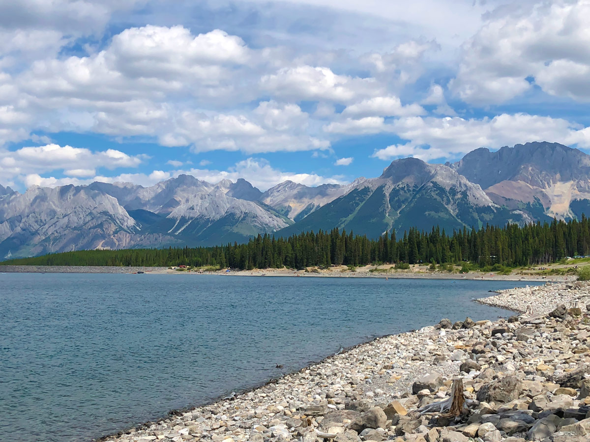 Mountain surroundings on Point Campground and Upper Kananaskis Lake backpacking trail in Kananaskis near Canmore