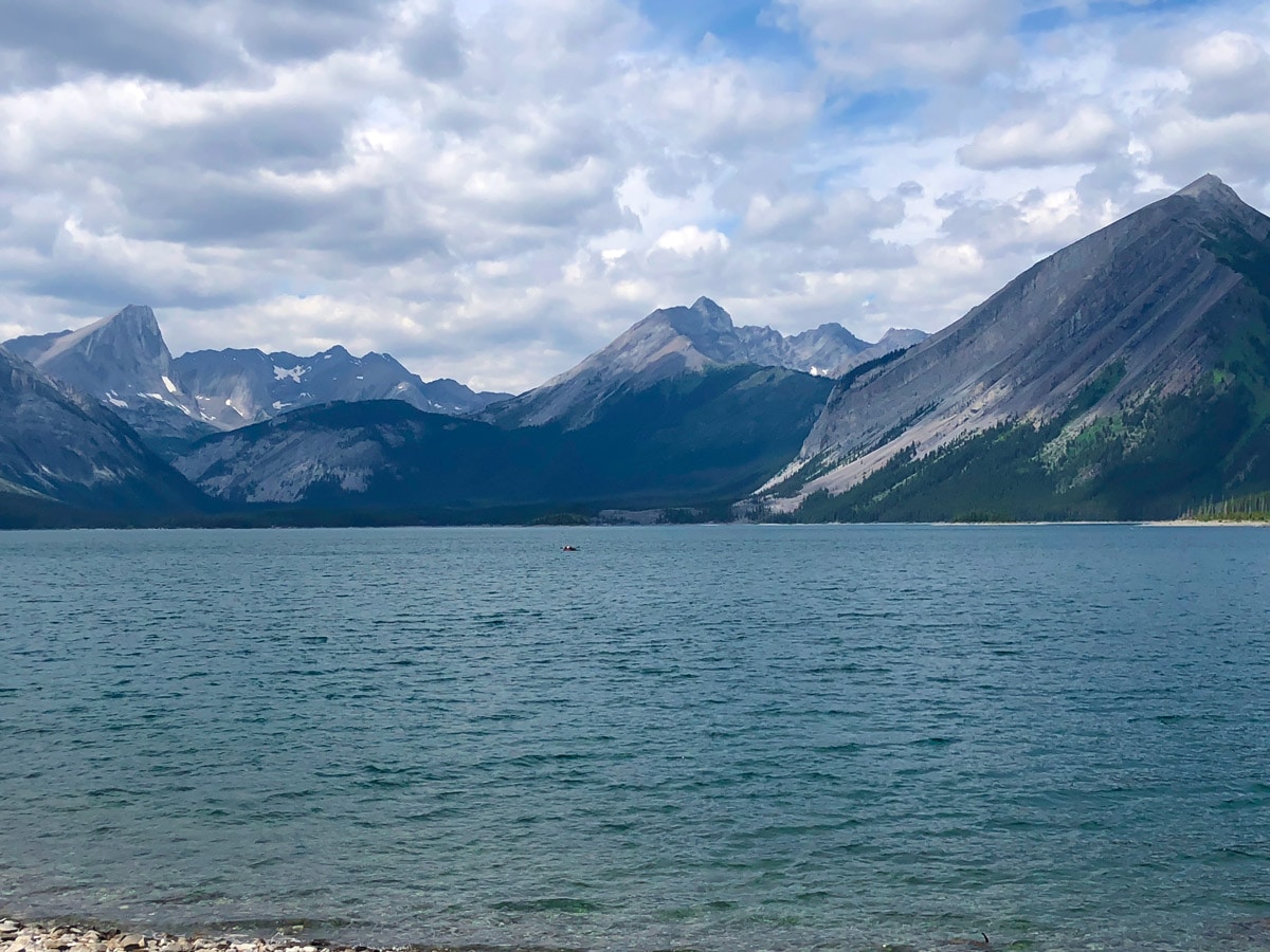 Views across the lake on Point Campground and Upper Kananaskis Lake backpacking trail in Kananaskis near Canmore
