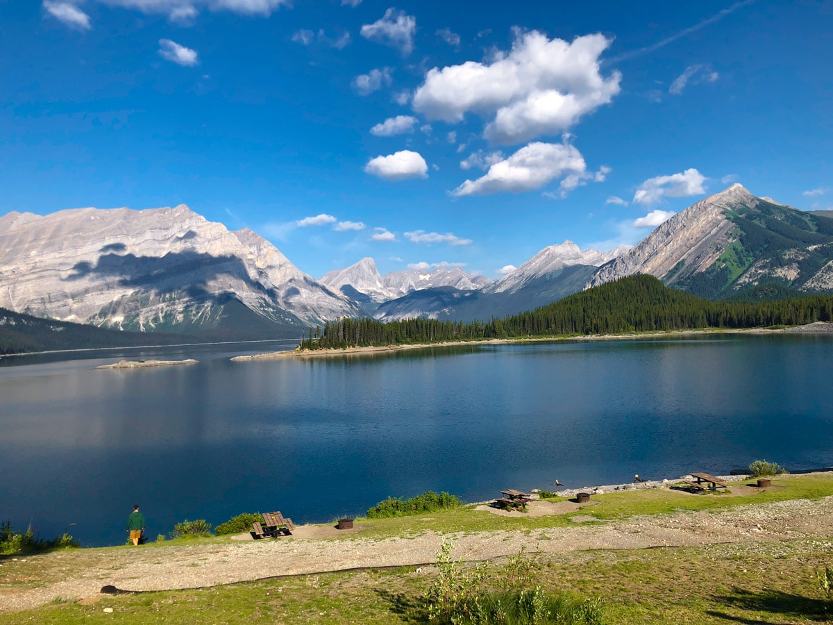 View from the parking lot on Point Campground and Upper Kananaskis Lake backpacking trail in Kananaskis near Canmore