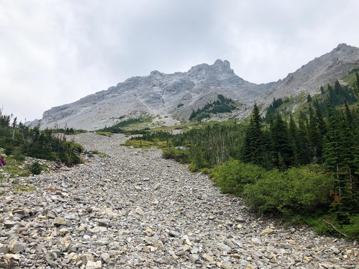 Hiking upon Lillian and Galatea Lakes backpacking trail in Kananaskis, Canmore