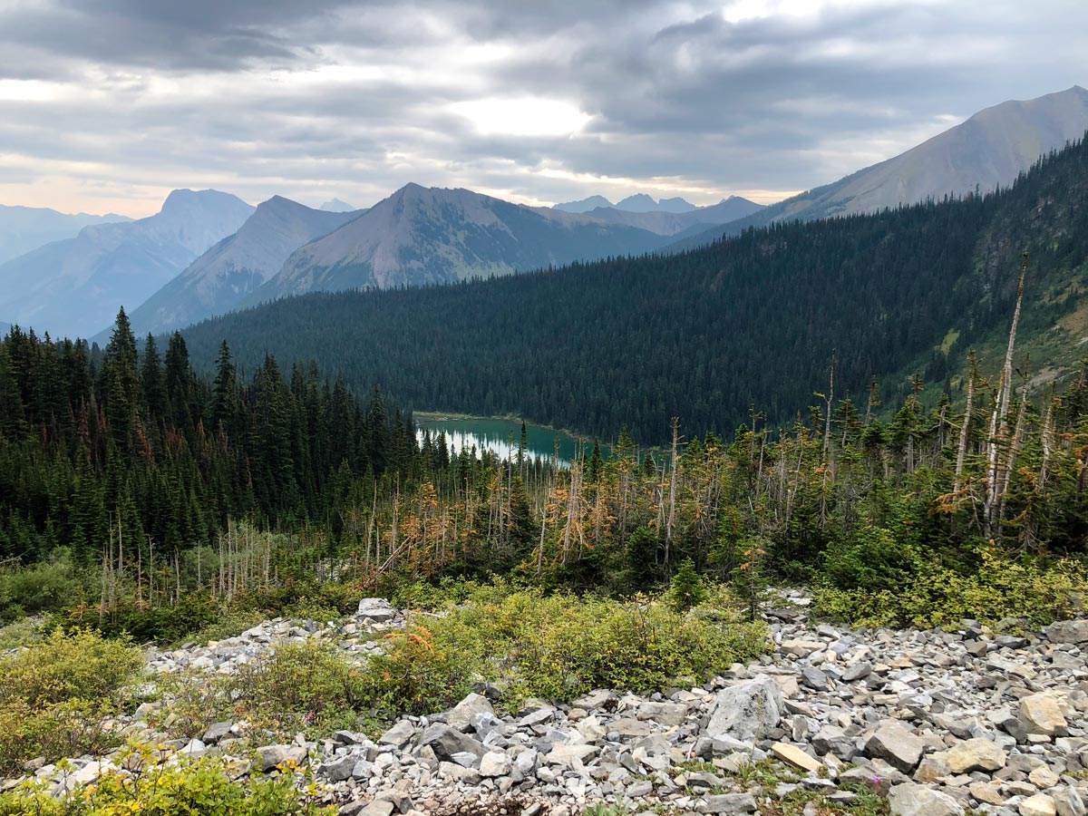 View down from Lillian and Galatea Lakes backpacking trail in Kananaskis, Canmore