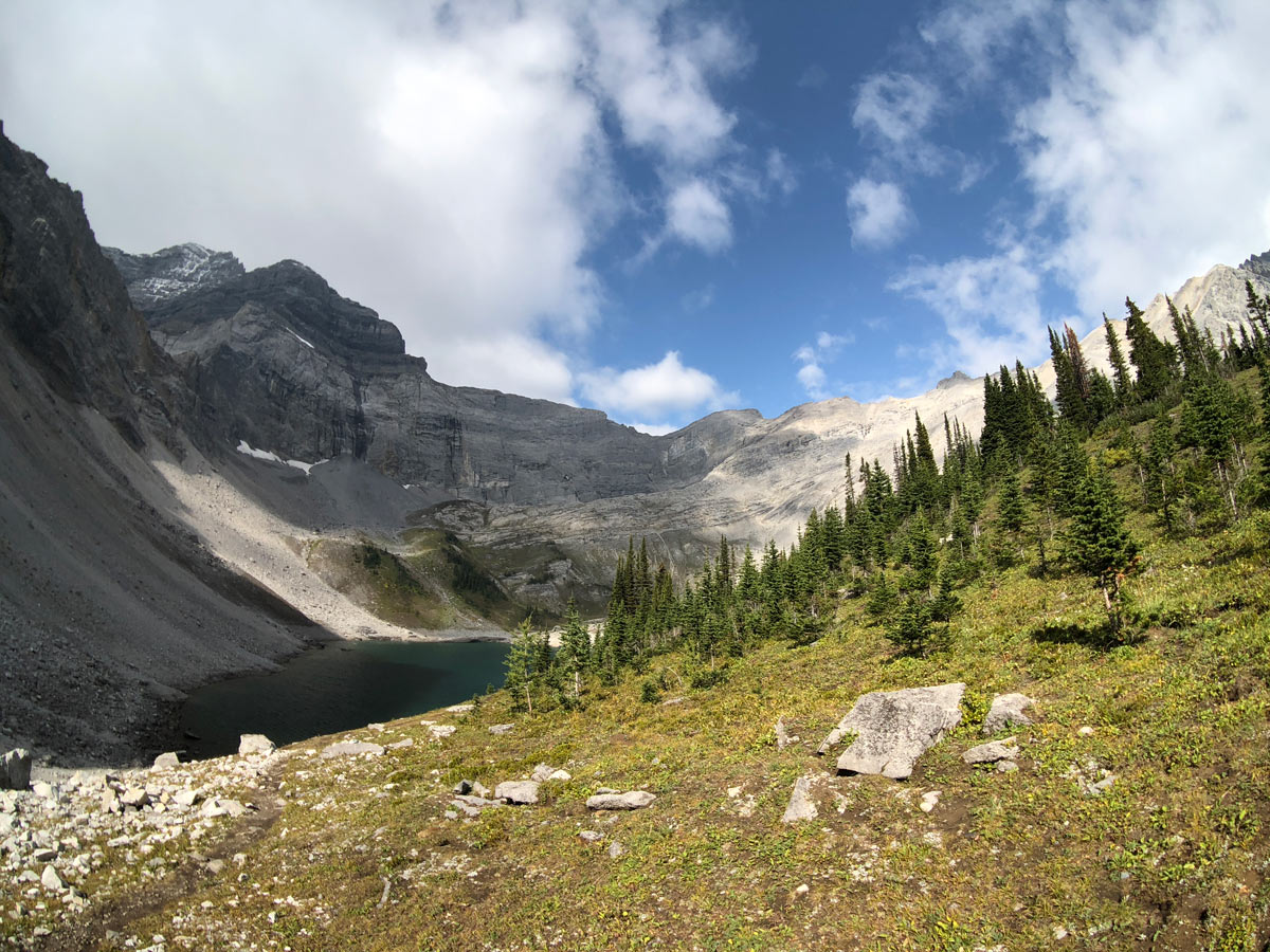 Beautiful panoramic view on Lillian and Galatea Lakes backpacking trail in Kananaskis, Canmore