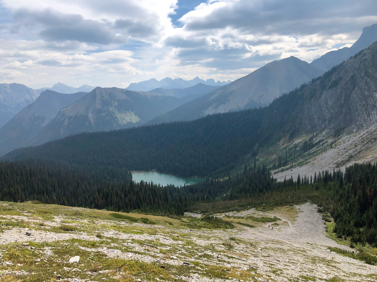 View down to Lillian lake on Lillian and Galatea Lakes backpacking trail in Kananaskis, Canmore