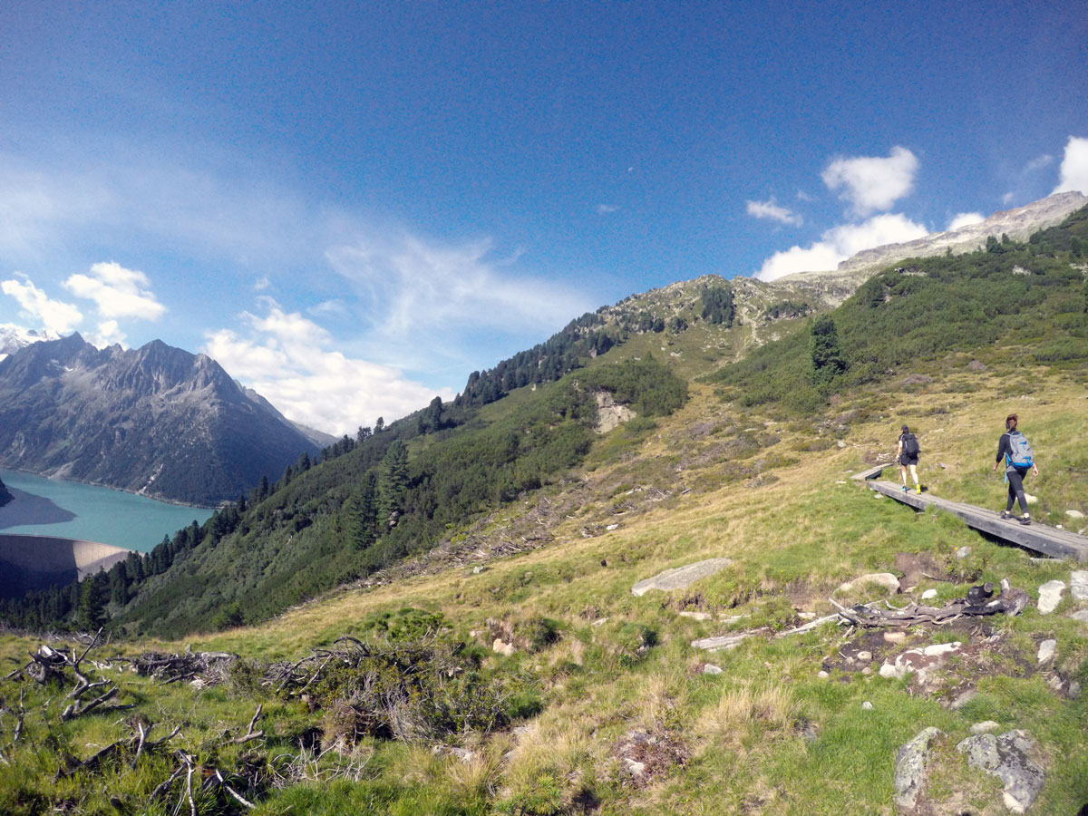 Walking through meadows on Friesenberghaus & Olpererhütte hike near Mayrhofen, Zillertal Valley, Austria