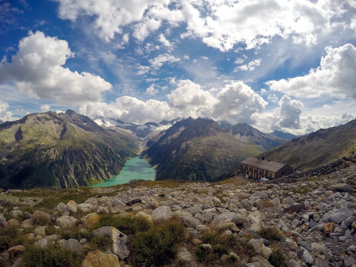 View from above on Friesenberghaus & Olpererhütte hike near Mayrhofen, Zillertal Valley, Austria