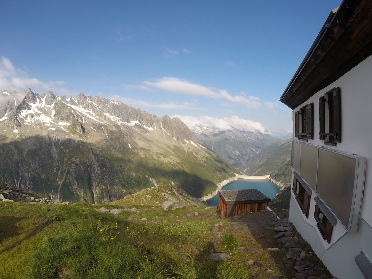 View from the alp on Plauener Hütte hike in Mayrhofen, Zillertal Valley, Austria