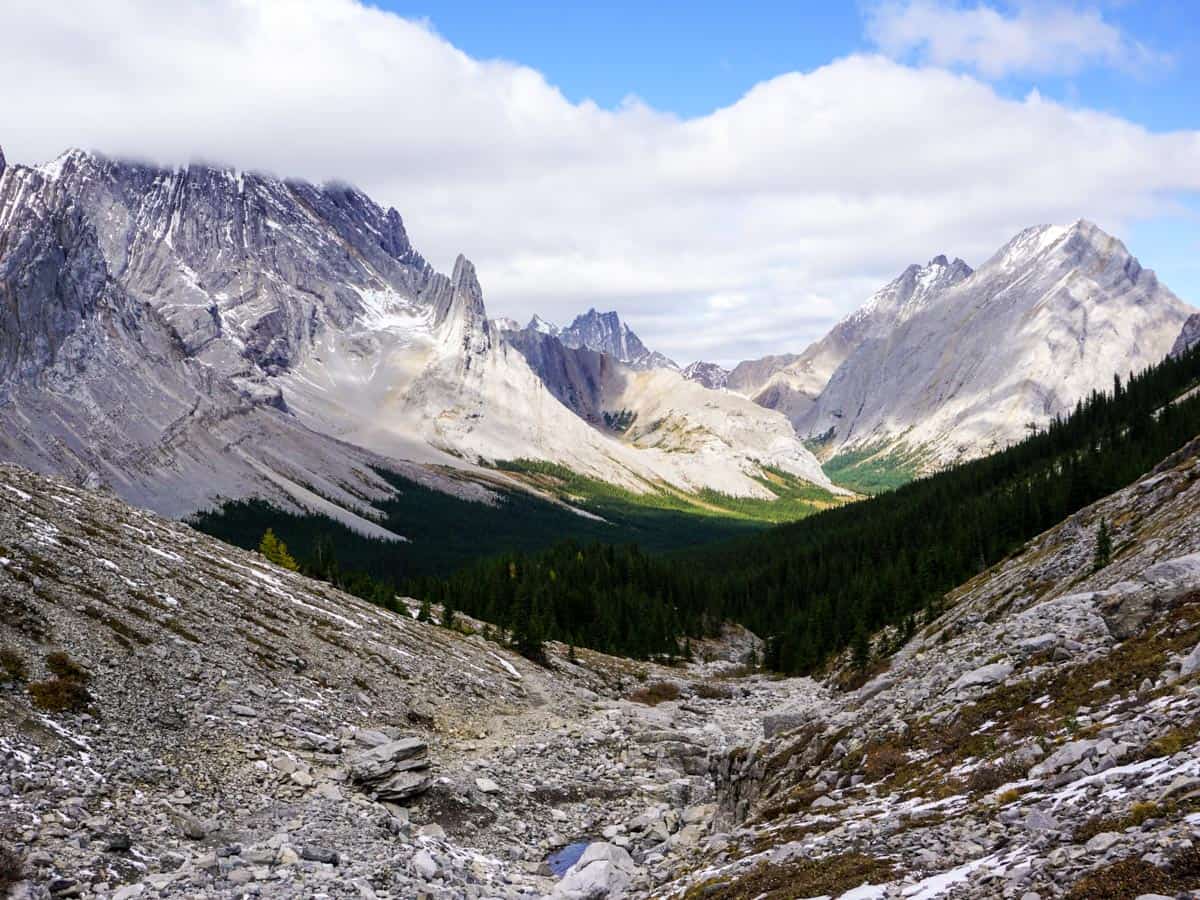 Views of Opal Range on Elbow Lake backpacking trail in Kananaskis, Canmore
