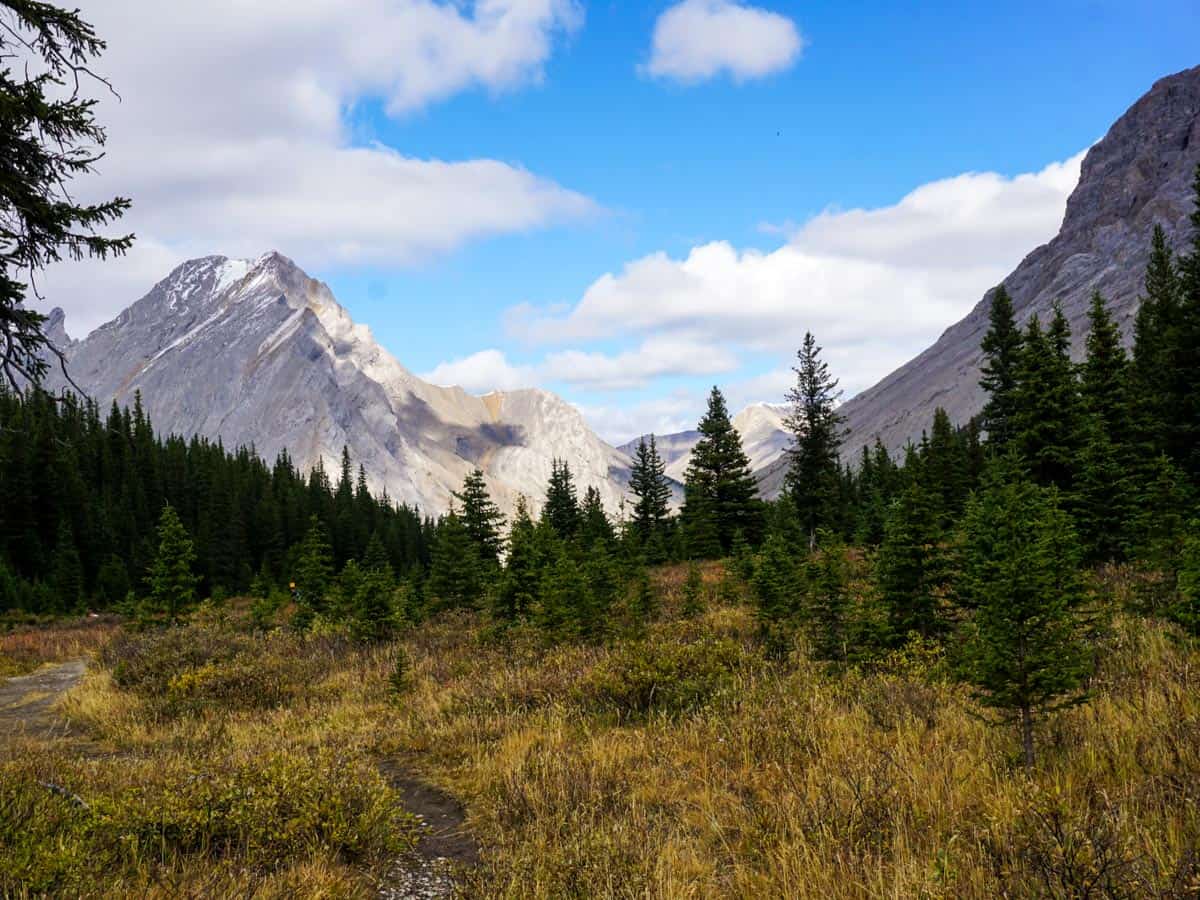 View of Tombstone Mountain on Elbow Lake backpacking trail in Kananaskis, Canmore