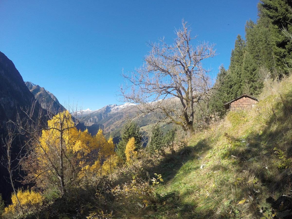 Old huts along Tristner hike in Mayrhofen, Zillertal Valley, Austria