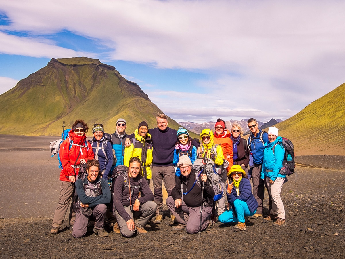 Hiking in the older age with group on Laugavegur Trail in Iceland hike