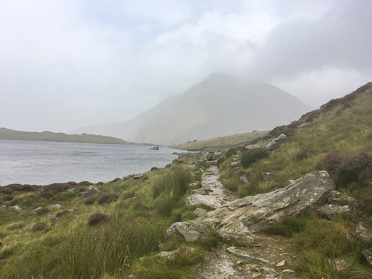 A misty Pen yr Ole Wen on Cwm Idwal walk in Snowdonia, Wales