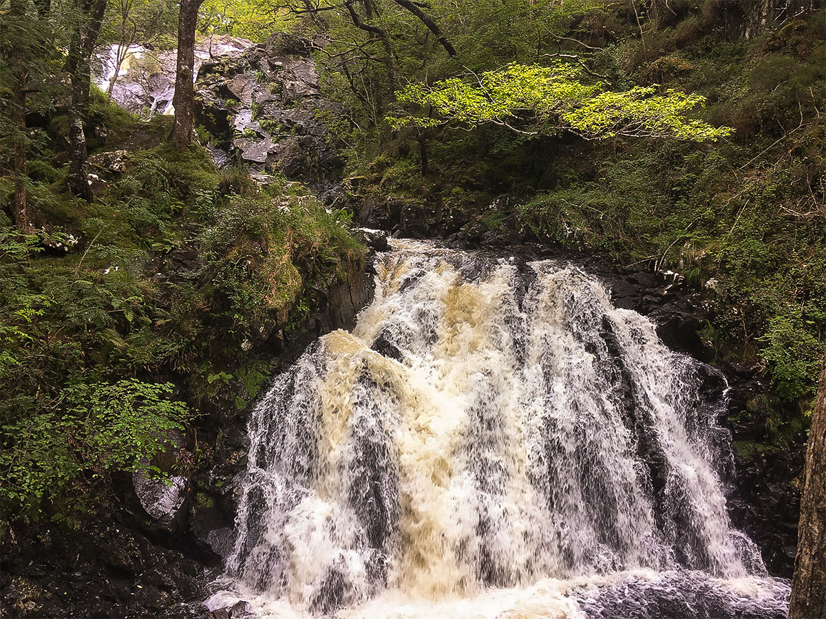 Great view of Rhaeadr Ddu Falls on Dolmelynllyn Estate hike in Snowdonia National Park