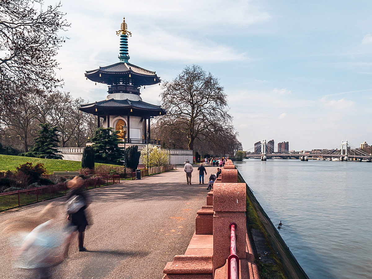 Peace Pagoda on a trail along the Thames from Battersea Park to the Tower walking tour in London, England