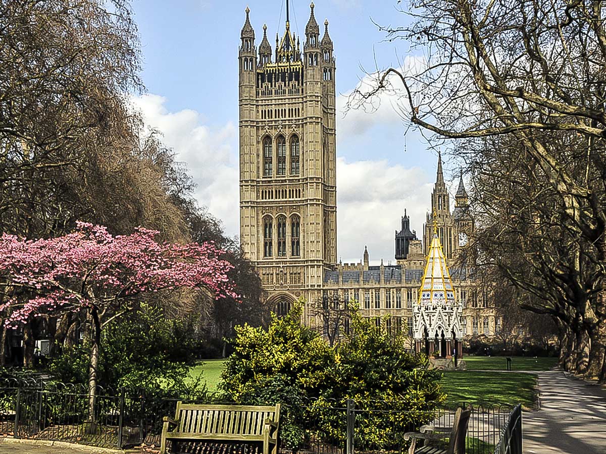 Victoria Tower Gardens on a trail along the Thames from Battersea Park to the Tower walking tour in London, England