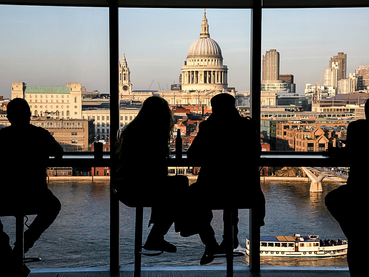 View from Tate Modern on a trail along the Thames from Battersea Park to the Tower walking tour in London, England