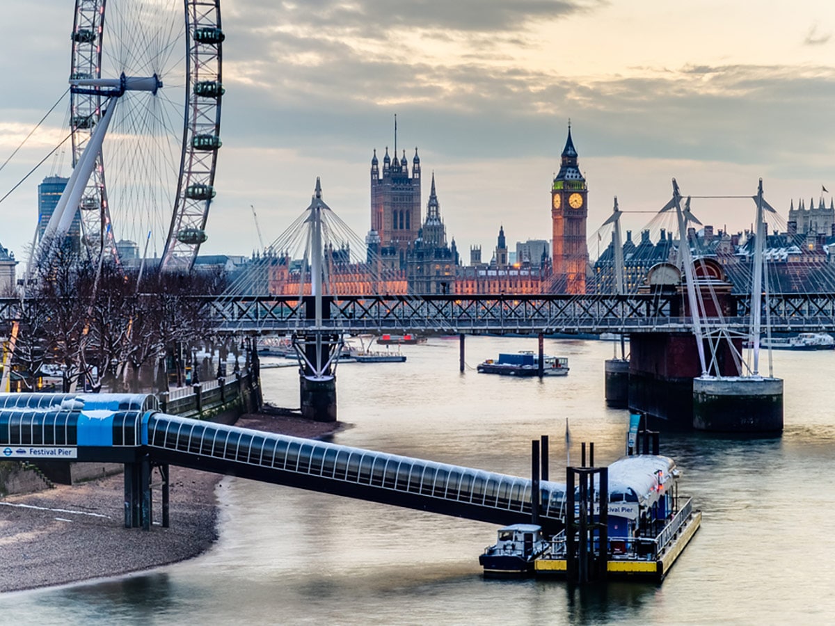 London Eye, Thames and the Houses of Parliament on Waterloo to Westminster walking tour in London, England