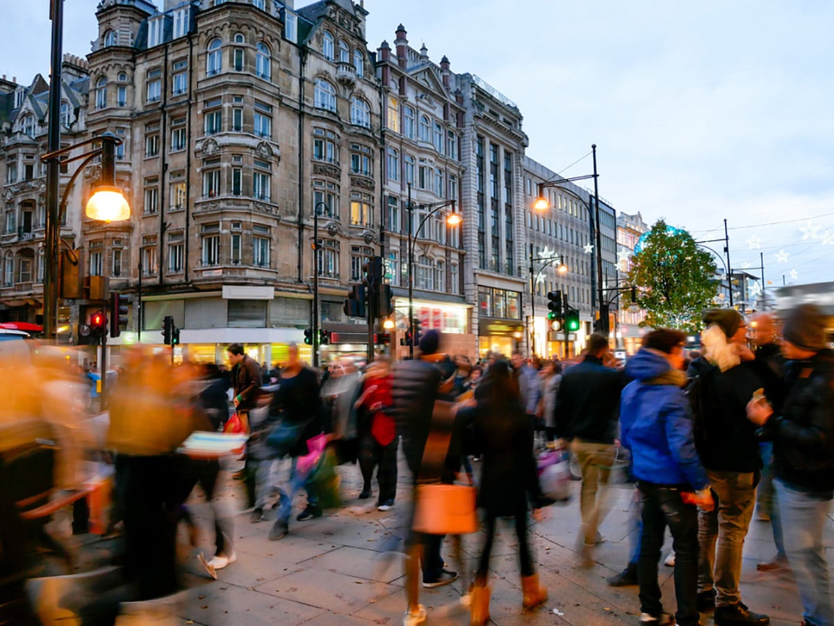 Busy Shopping on Oxford Street on Charing Cross to Tate Modern walking tour in London, England