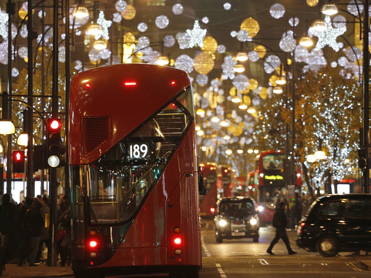 Oxford Street on Charing Cross to Tate Modern walking trail in London covered by Christmas Lights