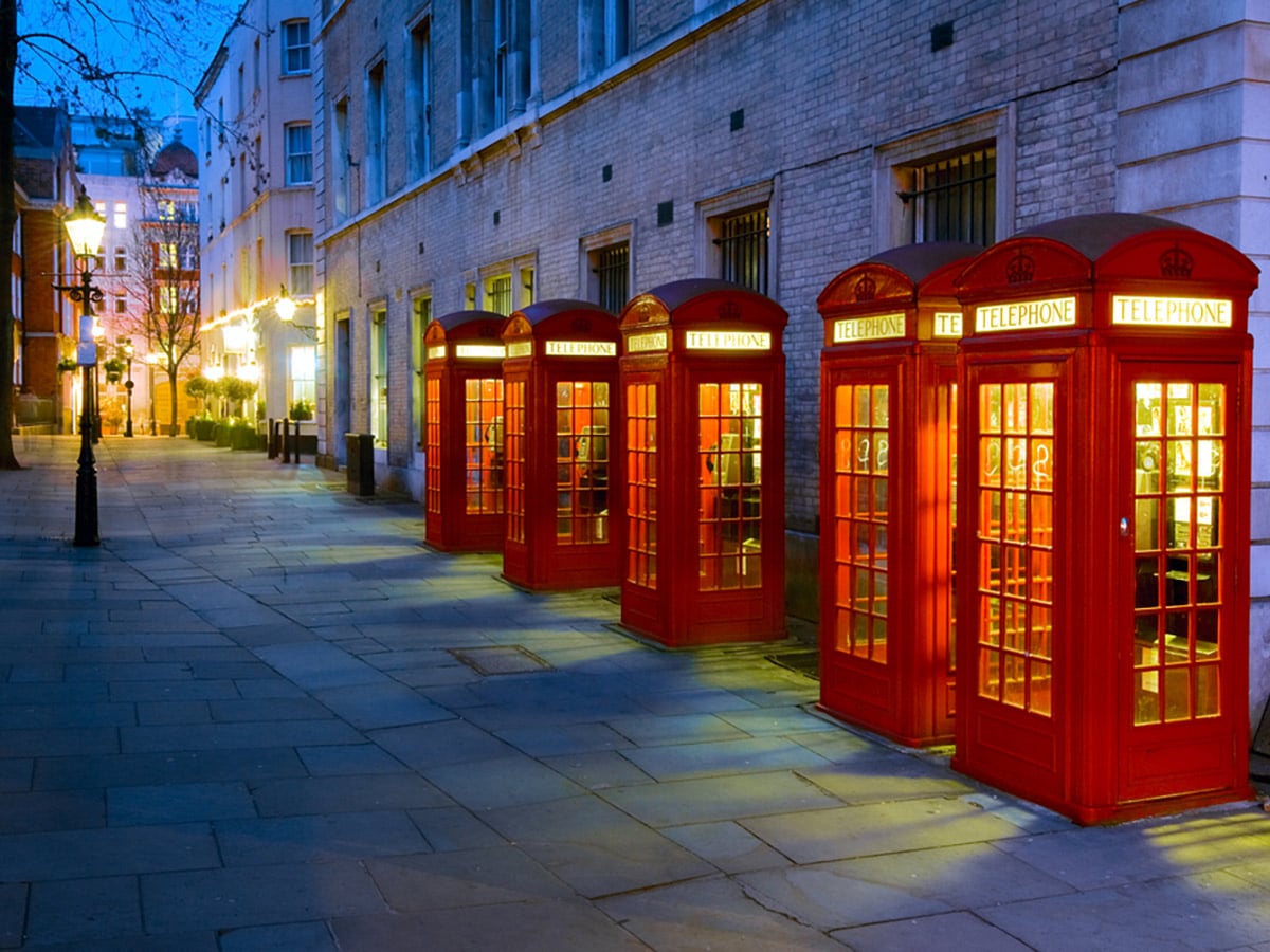 Iconic phone boxes near Covent Garden on Charing Cross to Tate Modern walking tour in London, England