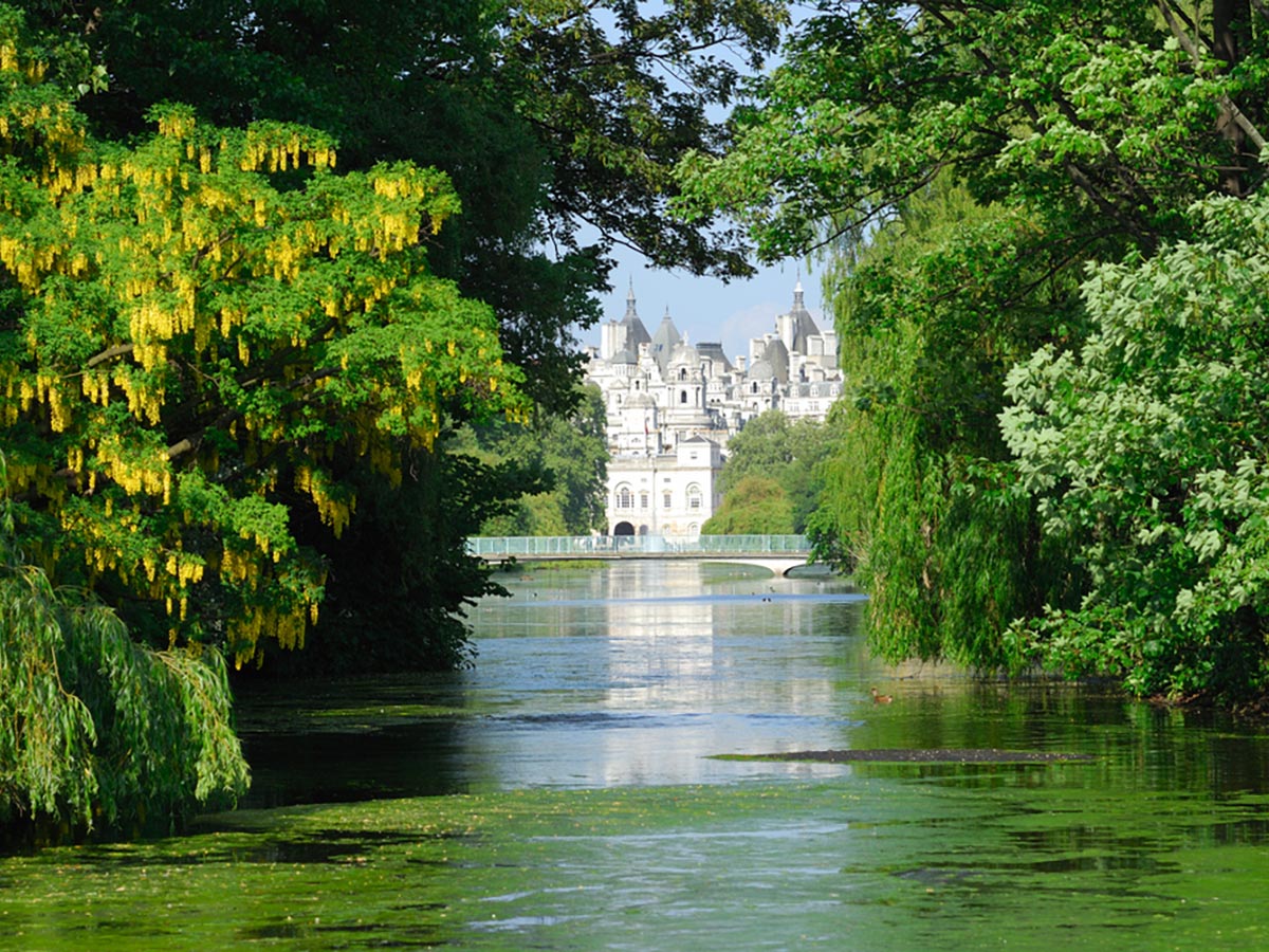 Looking across the lake at St James's Park on St. James, Green, Hyde and Kensington parks walking tour in London, England