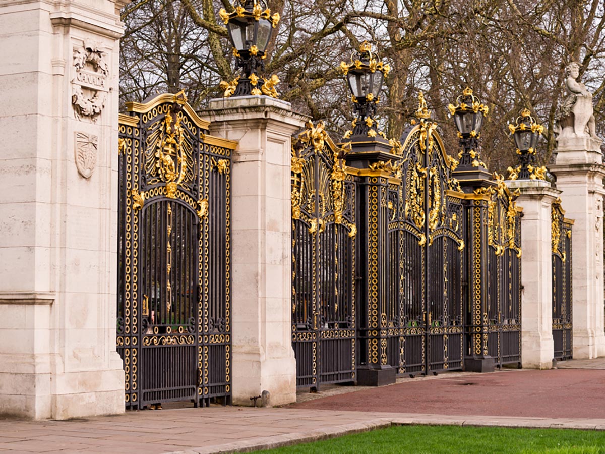 Canada Gate at Buckingham Palace on St. James, Green, Hyde and Kensington parks walking tour in London, England