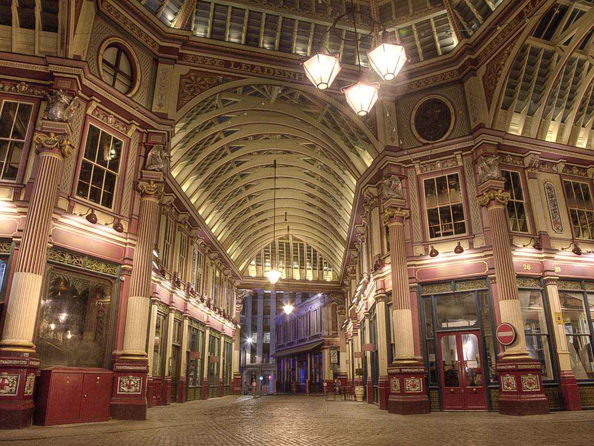 Leadenhall Market at night on King’s Cross to the City of London walking tour in London, England