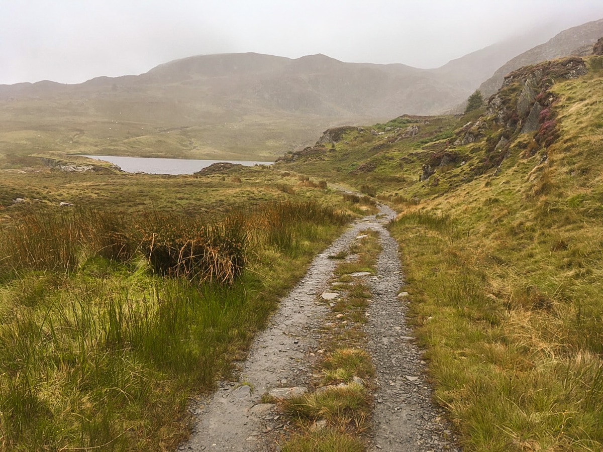 Track towards unnamed Llyn on Moel Siabod hike in Snowdonia, Wales