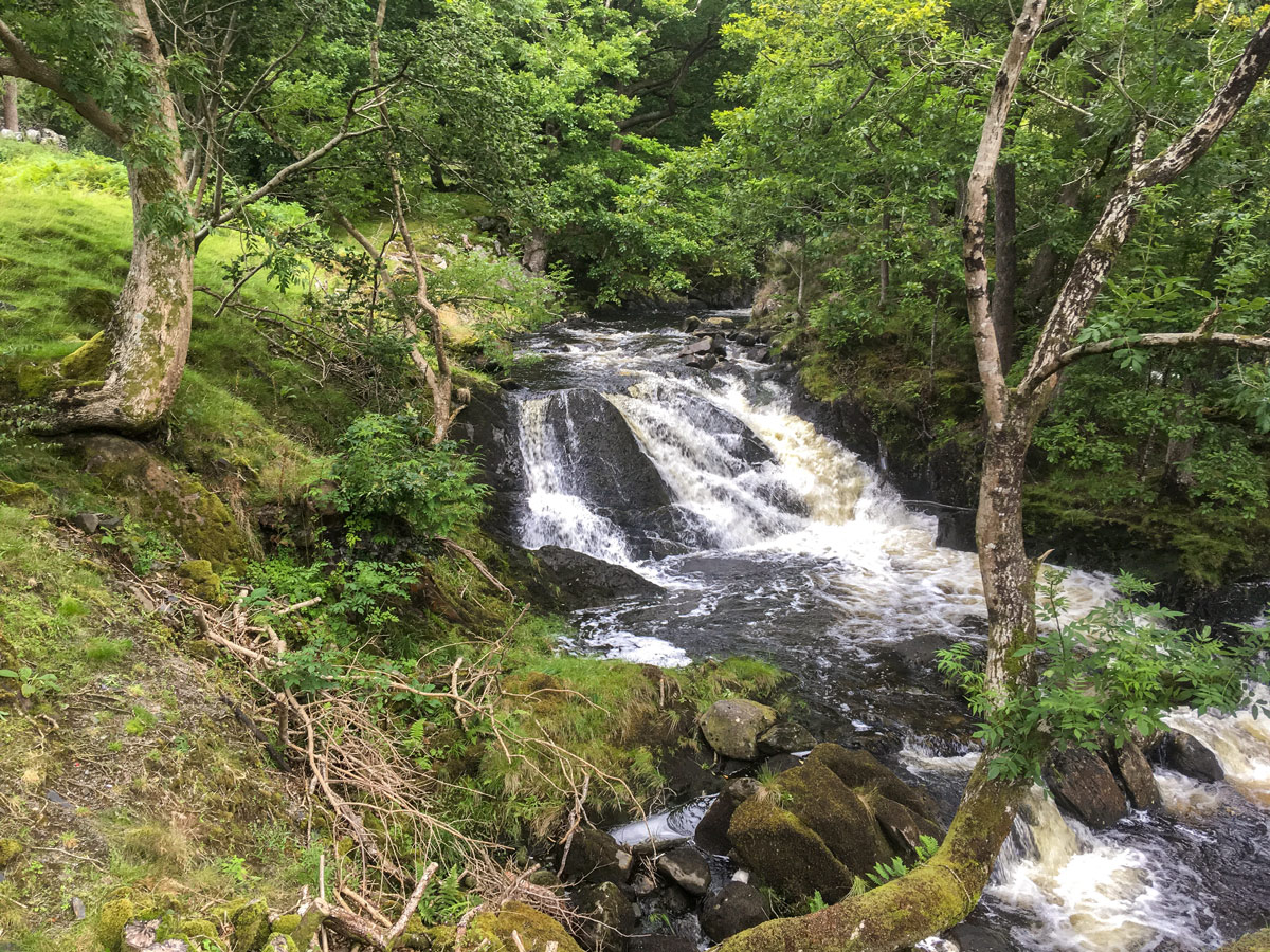 Afon Gamlan view on Rhaeadr Ddu and Coed Ganllwyd hike in Snowdonia National Park, Wales