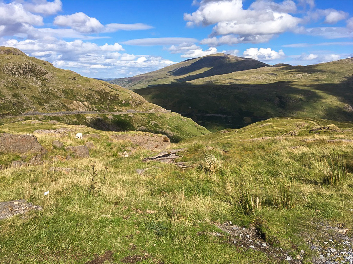 Looking towards pass of Llanberis on Snowdon via Pyg Track and Miners Track hike in Snowdonia, Wales