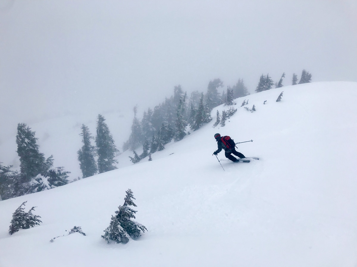 Skiing through a storm near ACC Hut on 5040 on Vancouver Island