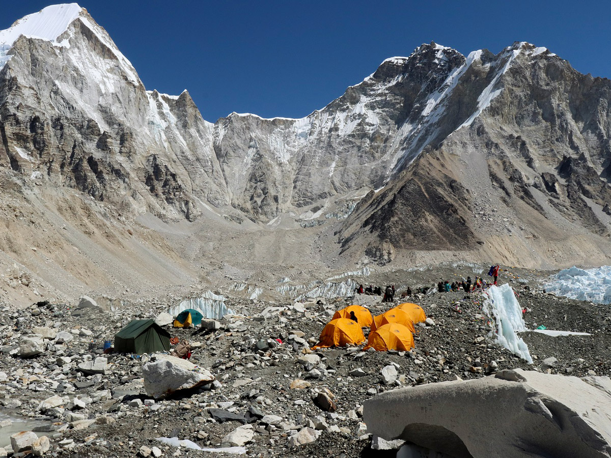 Few tents camped at Mount Everest Base Camp on a trek in Himalayas