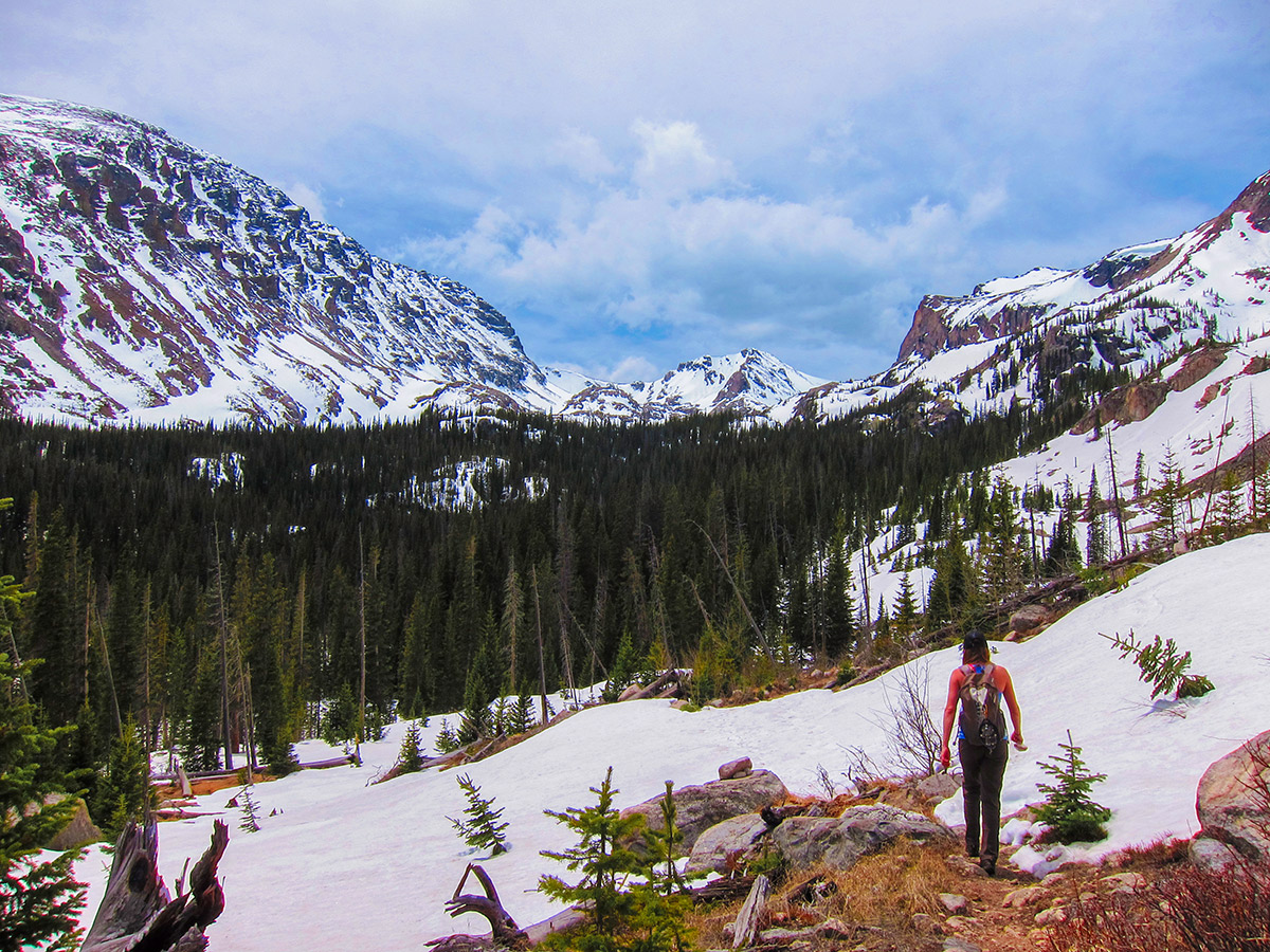 Snowy peaks on Bluebird Lake hike in Rocky Mountain National Park, Colorado